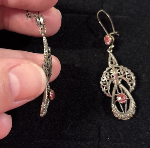 Antique 1920s Filigree Pink Stone Pierced Earrings - Picture 8 of 8