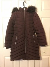 Express Burgundy Belted Puffer Coat With Fur Trim Hood ~ $228 ~ Nwt