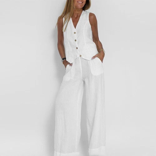 Women's suit jacket vest/top+pants new patchwork cotton linen casual set - Bild 24 von 34