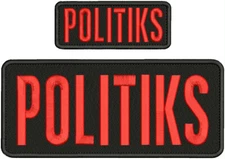 POLITIKS  EMBROIDERY PATCH 4X10 AND 2X5 HOOK ON BACK RED ON BLACK