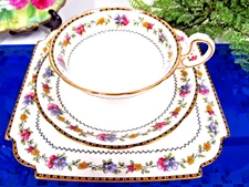 AYNSLEY tea cup and saucer floral trio with square plate low Doris 1920s teacup