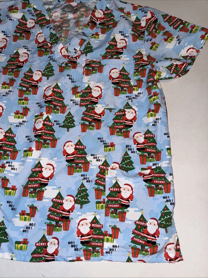 I Love Scrubs Uniform Scrub Top Shirt CHRISTMAS CHEER Christmas Tree Large Santa - Image 3 of 4