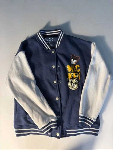 Disney Mickey Mouse Varsity Jacket Snap Front Blue White Men’s Medium video thumbnail