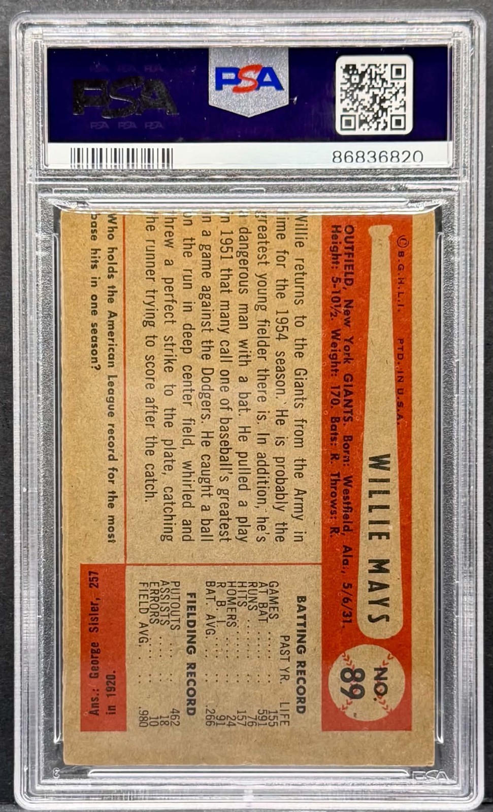 1954 Bowman Baseball #89 - WIllie Mays - Vintage HOF Giants Card Graded PSA 3 VG view 2