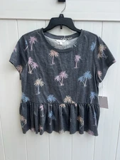 Lauren Conrad Womens Large Blouse Palm Trees Short Sleeve