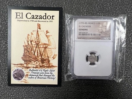 1772-1783 Mexico El Cazador 1/2R Silver Shipwreck Coin NGC Grade Genuine