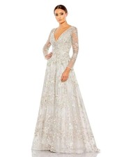 Mac Duggal Silver Pastel Floral Embroidered Long Sleeve A-Line Gown Size 4 $598