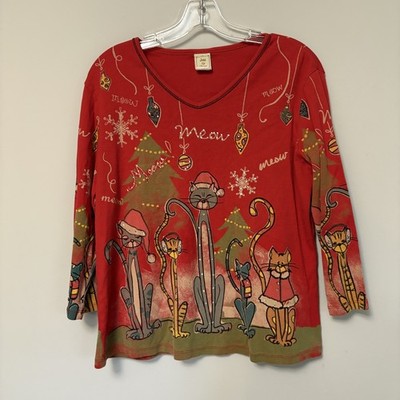 Jess & Jane Women s L Red Cat Rhinestones  Christmas Meow  Cat Mom Holiday Top