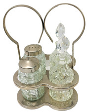 Cruet Glass Condiment Caddy Salt Pepper Vinegar  Oil With Lids Silver Plated