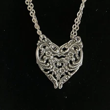 Victorian Revival Filigree Heart Necklace Silver Tone Double Chain Vintage Style