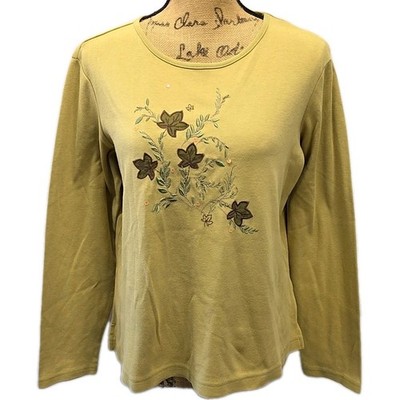 Vtg Classic Elements Yellow Embroidered Leaf Top Cottagecore Earthy Fairy Grunge