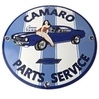 Vintage Chevrolet Sign - Porcelain Camaro 69 SS Gas Pump Auto Pinup Girl Sign