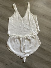 Laura Adams Lingerie Set Vintage Ivory White Satin Lace Trim Tank Shorts Large L
