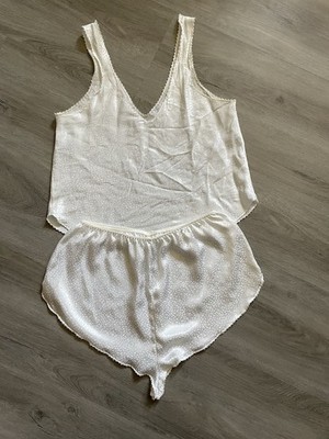 Laura Adams Lingerie Set Vintage Ivory White Satin Lace Trim Tank Shorts Large L