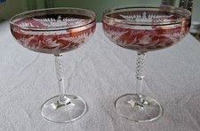 Überfang Sektschalen Kristallglas eingraviert Blumendekor Vintage Alt