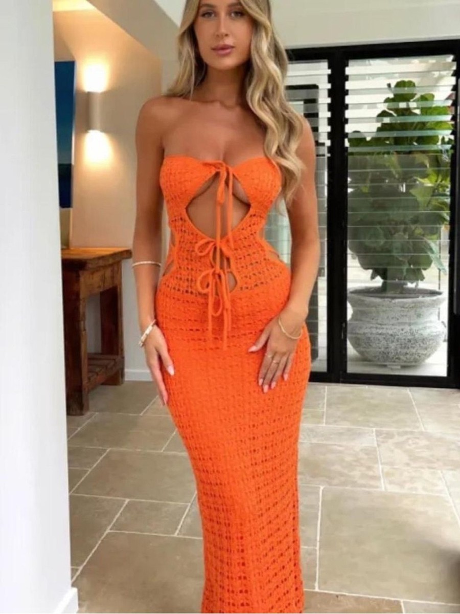 orange crochet maxi dress Halterneck Plunge Cut Out Detail Split Side Maxi Dress In Orange Crochet  Knit | EGO US