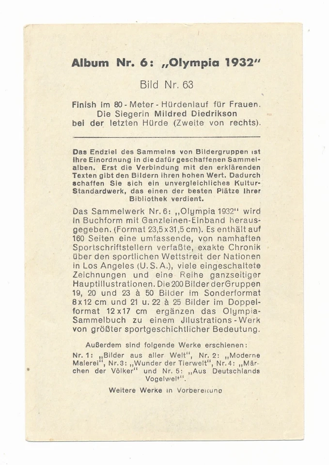 Tarjeta de novato Reemtsma Babe Didrikson Zaharias 1932 63 Olympia RC Reemstma Olympic Foto 2 de 2