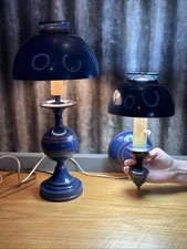 VTG 2 Metal Toleware Wall Hanging Sconce Desk Lamp Light Blue & Red MCM Set