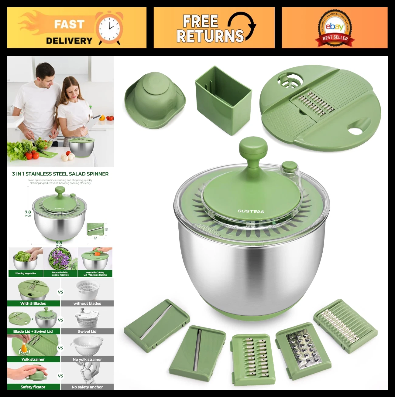 Large Stainless Steel Salad Spinner & Vegetable Wash Bowl, 4.25Qt, 5-Blade Slice
Opens in a new wind