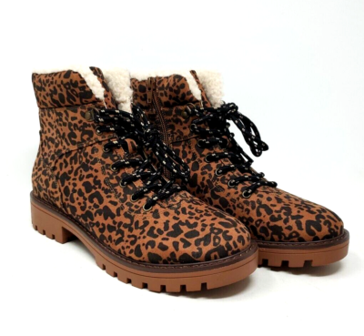 ANN TAYLOR LOFT ANIMAL PRINT SHEARLING LINED LACE UP HIKING BOOTS NEW NO  BOX/TAG - Main Image