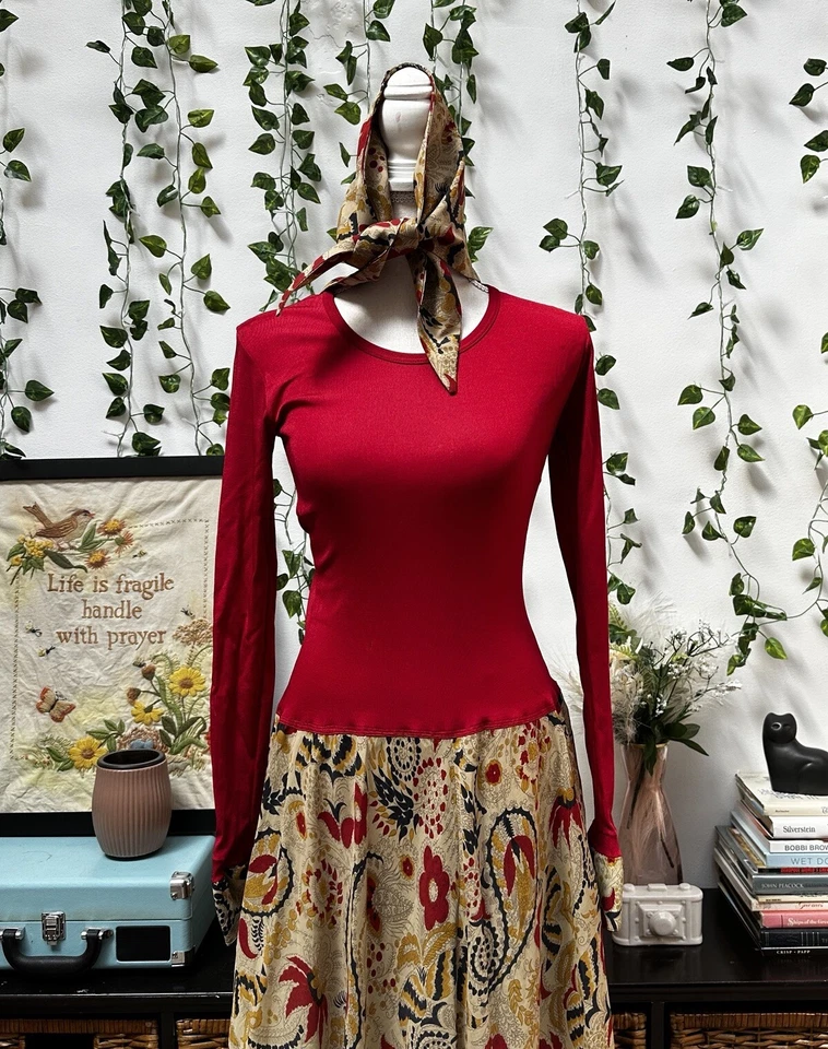 Maxi Vestido Vera Maxwell Vintage Años 70 Traje de Velocidad Rojo Marrón Mod Boho Hippy XS/S Foto 3 de 4