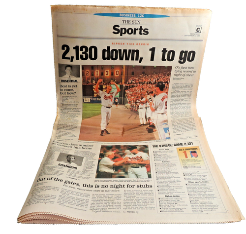 Baltimore Sun Newspaper Sports Section Cal Ripken, Jr. 2130 Down, 1 to Go 1995