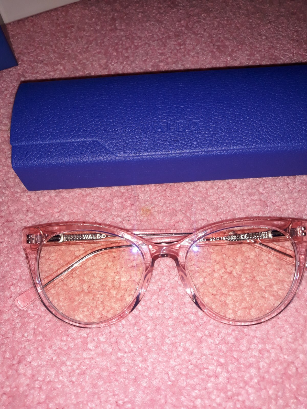 Waldo Blue Light Glasses Clear Pink Frames Brand New Box w Case + Cleaning Cloth-image