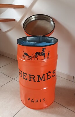 Baril HERMES 30 Litres – Décoration Industrielle, Noir Brillant/orange, Reconditionné, Table Chevet