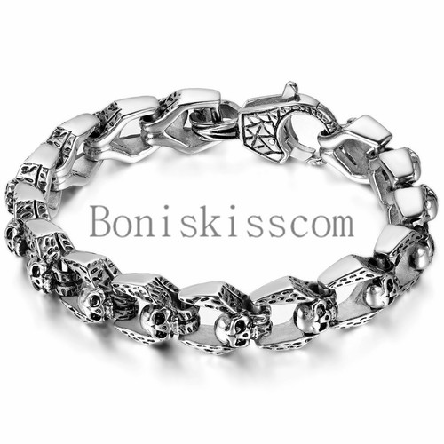 Bracelet homme vintage chaîne crâne en argent acier inoxydable heavy punk gothique - Photo 1 sur 4