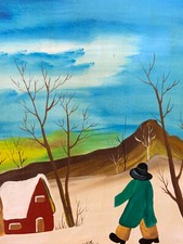 GEMÄLDE NAIVMALEREI ÖLGEMÄLDE AUF LEINWAND MANN VOR HAUS IM WINTER