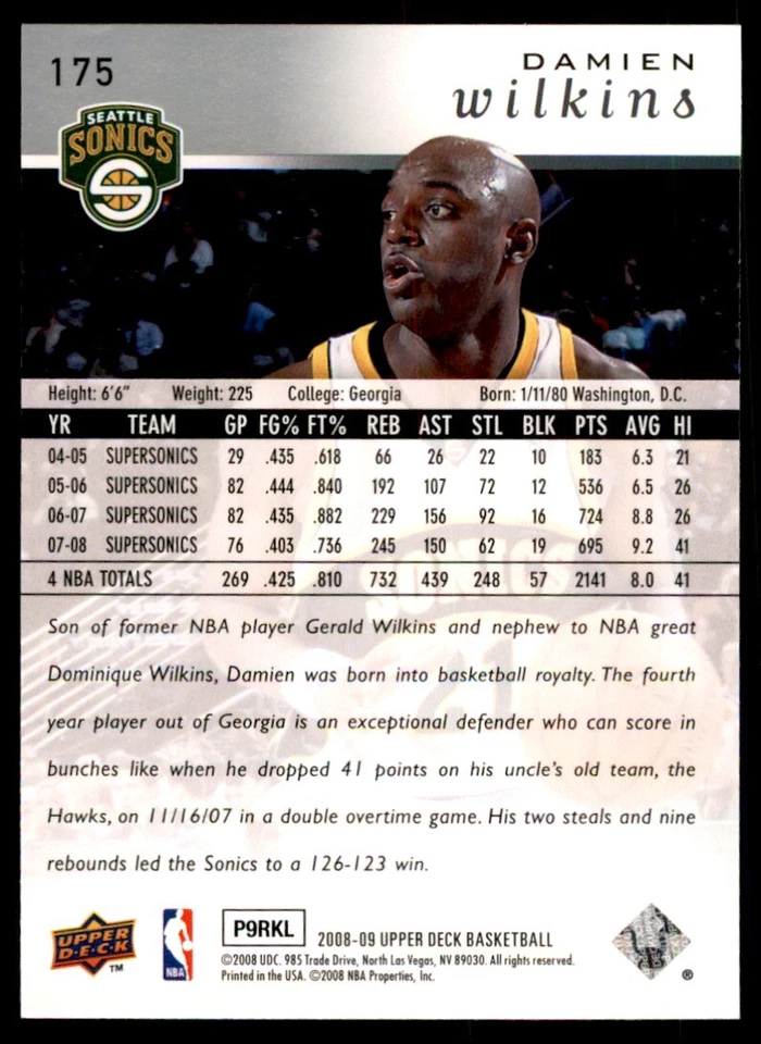 2008-09 Upper Deck Damien Wilkins Basketball cards #175 - Image 2 of 2
