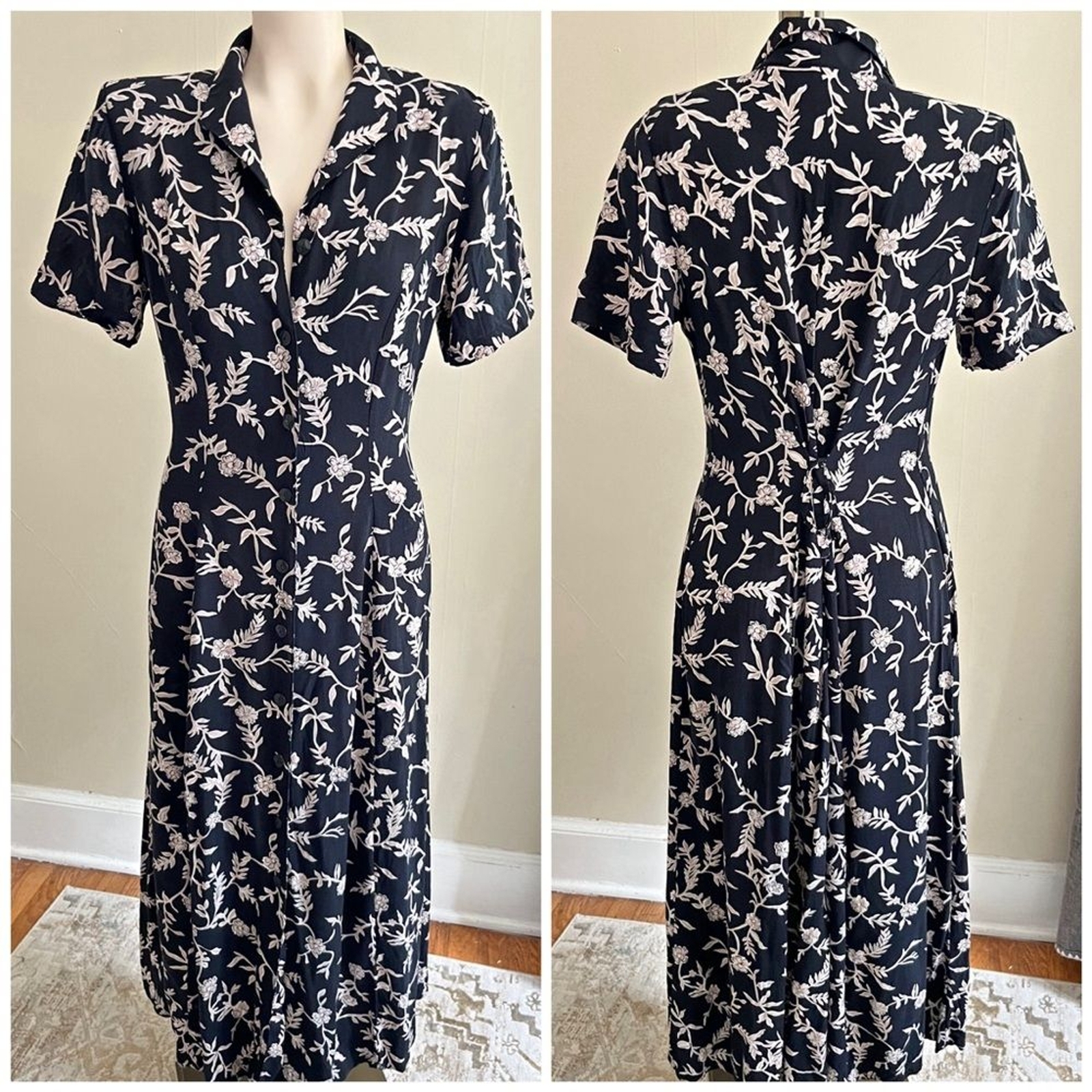 Camisa Vestido Vintage Años 90 Floral Negro Tono Neutro Botón Delantero Granja Elegante