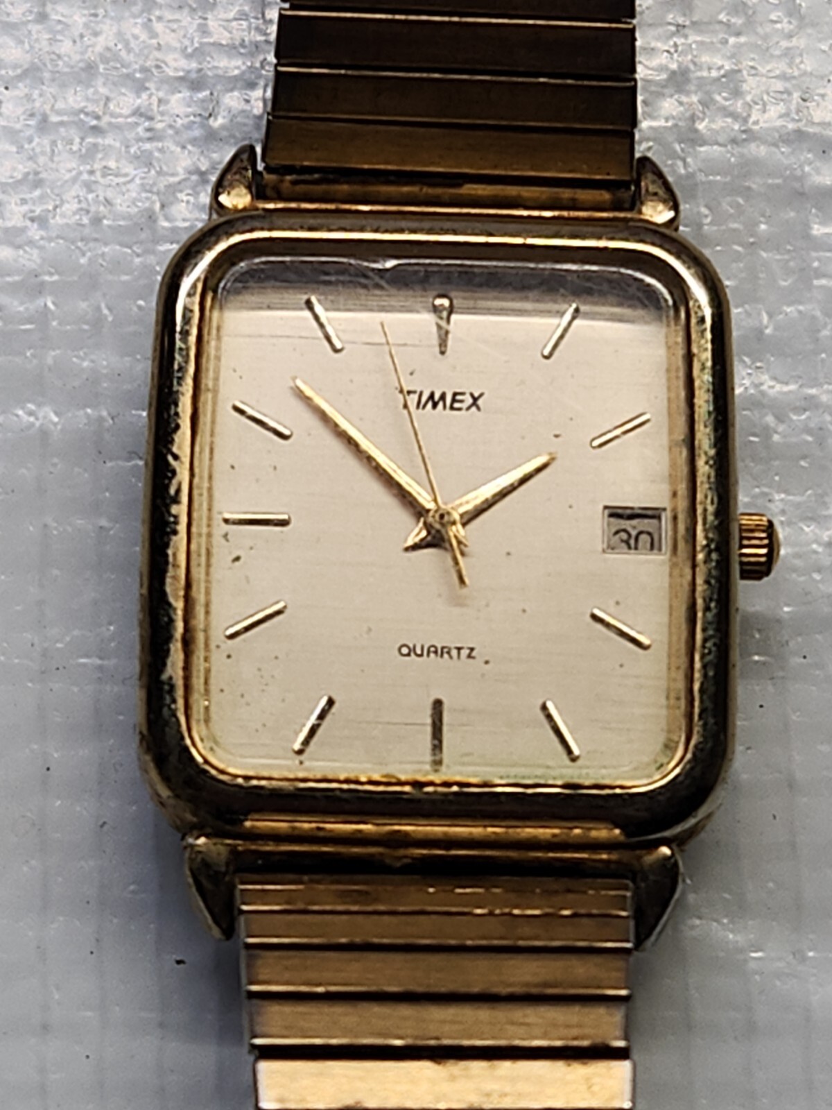 Timex Day Window Watch CR2016 Cell Gold Tone Stretch Band eBay
