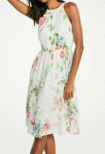 EUC Ann Taylor Petite Floral Belted Flare Dress In Winter White size 0 P  $159 | eBay