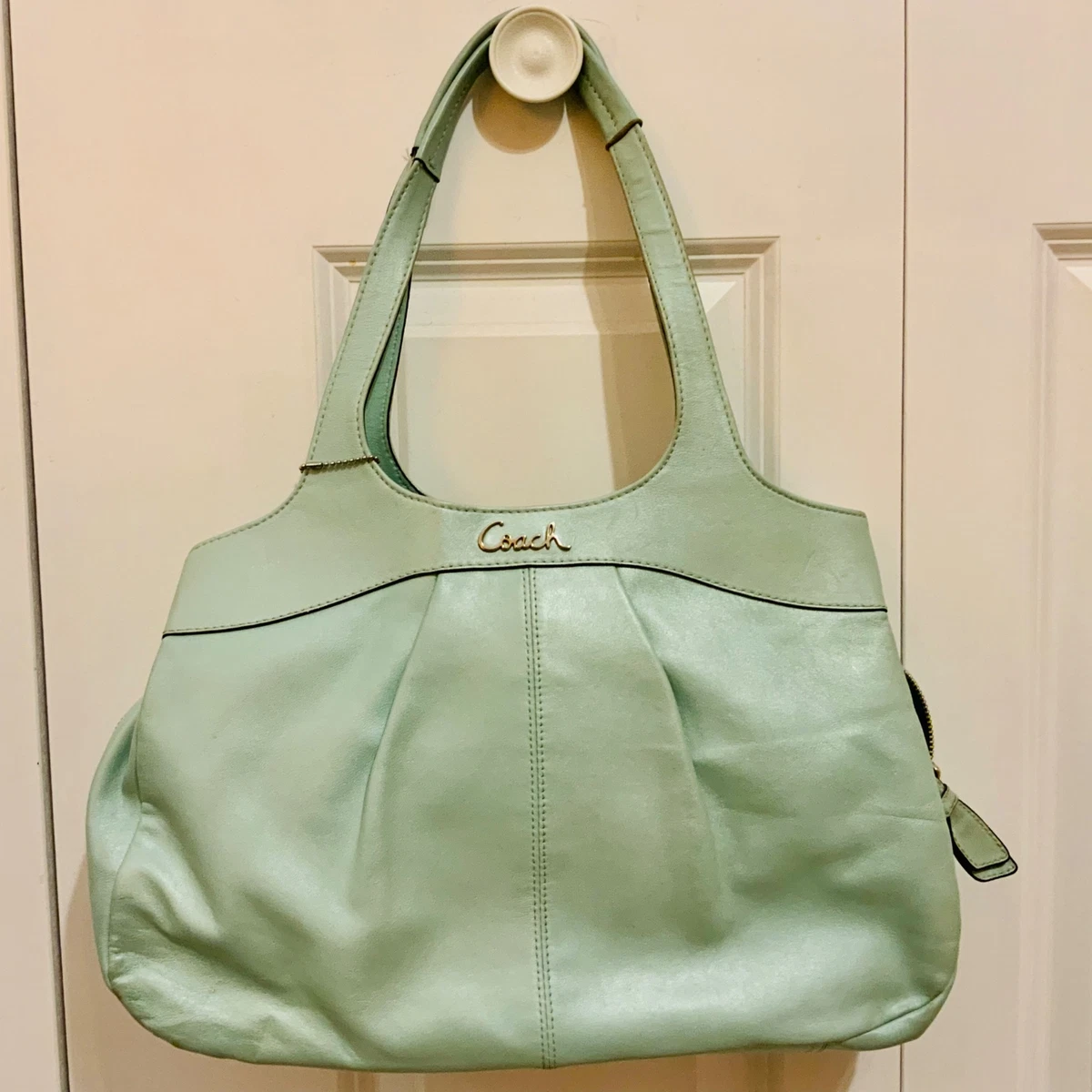 Coach Robin's Egg Blue Smooth Leather Zippered Double Handle Shoulder Bag