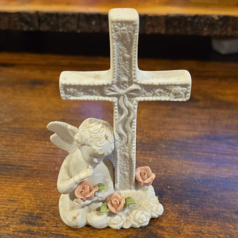 Ceramic Crucifix Cross Praying Angel Figurine with Rose Flowers Christian Decor