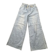 Zara Girls Wide Leg Jeans Size 10 Light Wash Elastic Waist Drawstring Denim