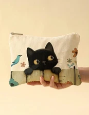 Black Cat Print Zipper Corduroy Makeup Bag Travel Pouch Cosmetic Case Cute