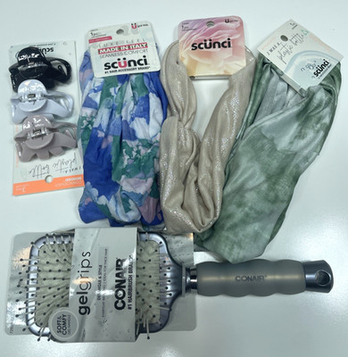 Lot of 1 Conair Gelgrips Hair Brush, 3 Scunci Headwraps and 3 Medium Hair Clips