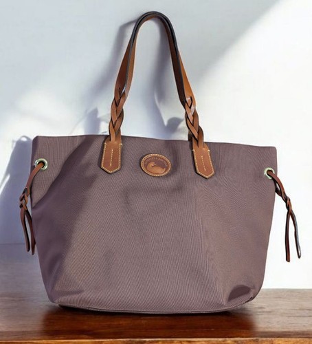  Dooney & Bourke Black Nylon Shopper Tote Purse Brown W. Natural Leather Trim 