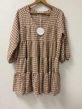 Petal + Pup Oversized Gingham 3/4 Sleeve Tiered Mini Dress Tan & White Sz S
