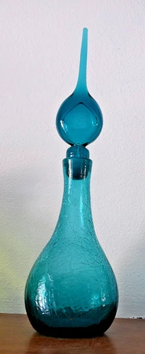 Vintage MCM Blue Crackle Glass Decanter & Stopper Blenko Rainbow Unmarked
