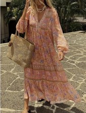 Spell & The Gypsy Dress Size XS Butterfly Boho Tiered Maxi Pink Long Sleeve