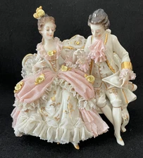 VTG Porcelain Dresden Lace Figurine-Victorian Couple Sitting on Settee - 5" Tall