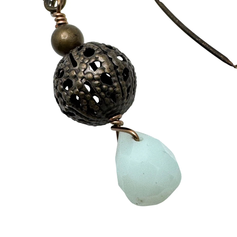 Pendientes de lágrima de bronce artesanales filigrana opaca aguamarina alambres largos Foto 3 de 4