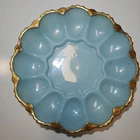 Vtg FIRE KING Delphite Blue MCM Milk Glass w/Gold trim Deviled Egg Plate