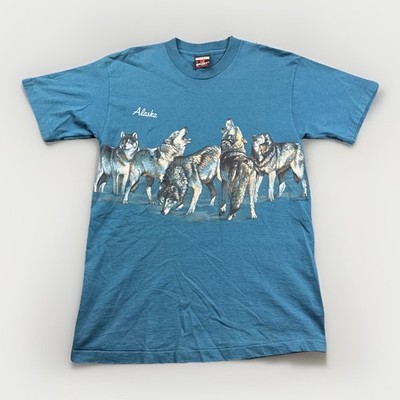 VTG 90's Alaska Howling Wolves Winter Snow AOP T-shirt Men's M Single Stitch S/S