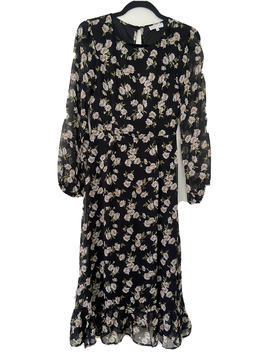 asos black floral dress Emory Park Dark Ditsy Long Balloon Puff Sleeve Midi floral embroidered dress