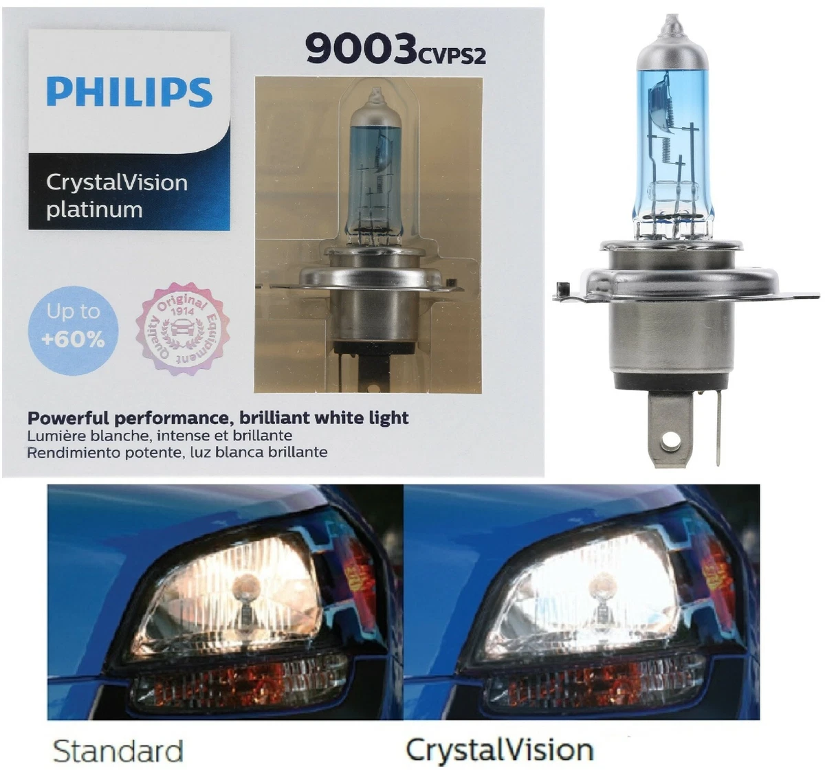 Philips Crystal Vision Platinum 9003 H4 60/55W Two Bulbs Head Light Dual  Beam EO