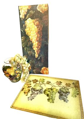 Grape Motif Bundle 8.5 In Art Vase 15x12 In Glass Cutting Board 8x20 Art Vintage